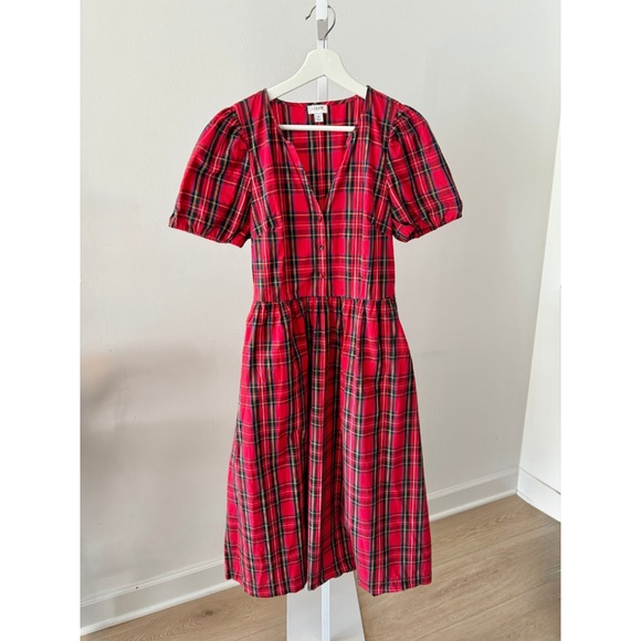 J Crew Factory Tartan Puff Sleeve Cotton Poplin Dress - Picture 1 of 6